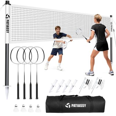 Patiassy Badminton Set for Backyard, Portable Badminton Net with 4 Badminton Rackets, 4 Nylon Shuttlecocks and Carry Bag, for Lawn Beach Family Games (White)