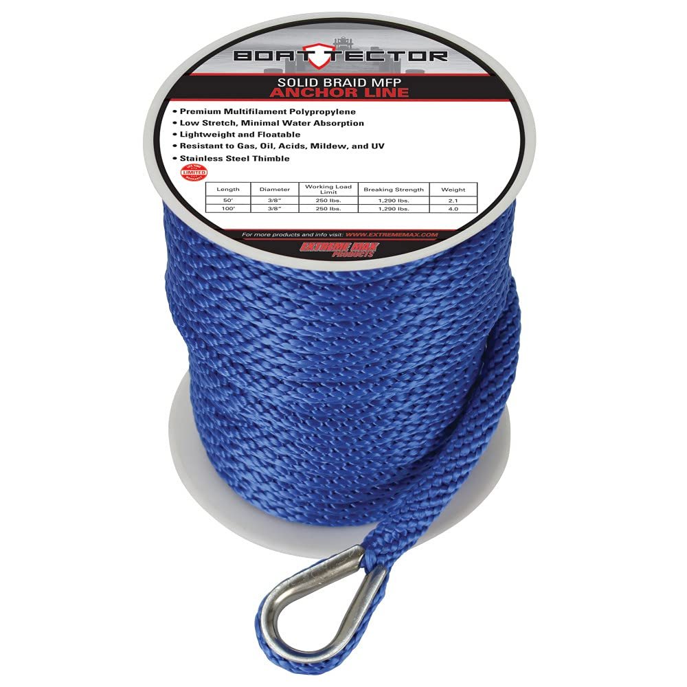 Extreme Max 3006.3482 BoatTector Solid Braid MFP Anchor Line with Thimble - 1/2" x 150', Royal Blue