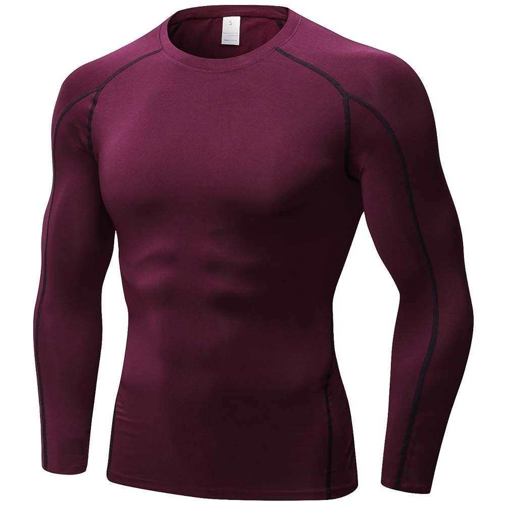 Men's Compression Shirts Long Sleeve, Base-Layer Quick Dry Workout T Shirts Sports Running Tops for Gym Wine
