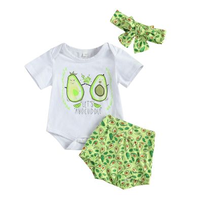3Pcs Baby Girl Summer Clothes Letter Printed Outfits Shorts Set Short Sleeve Bodysuit Romper Top + Headband (3-6 Months, Green Avocado)