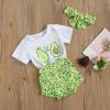3Pcs Baby Girl Summer Clothes Letter Printed Outfits Shorts Set Short Sleeve Bodysuit Romper Top + Headband (3-6 Months, Green Avocado) view 2