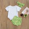 3Pcs Baby Girl Summer Clothes Letter Printed Outfits Shorts Set Short Sleeve Bodysuit Romper Top + Headband (3-6 Months, Green Avocado) view 3