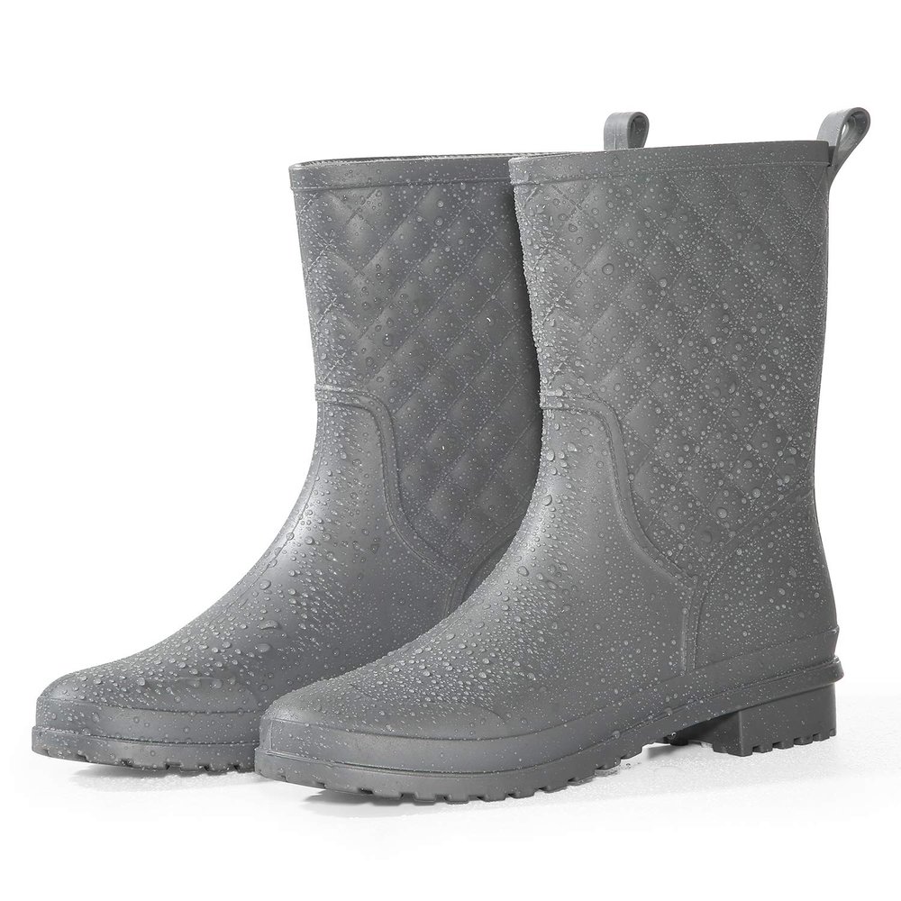 Petrass Women Rain Boots Black Waterproof Mid Calf Lightweight Cute Booties Fashion Out Work Comfortable Garden Shoes, Grey 9.5