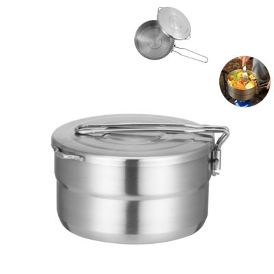 DenpenTEC Stainless Steel Cook Pot with Lid and Folding Handle - 1.5L Large Capacity Bento Pot for Camping and Hiking