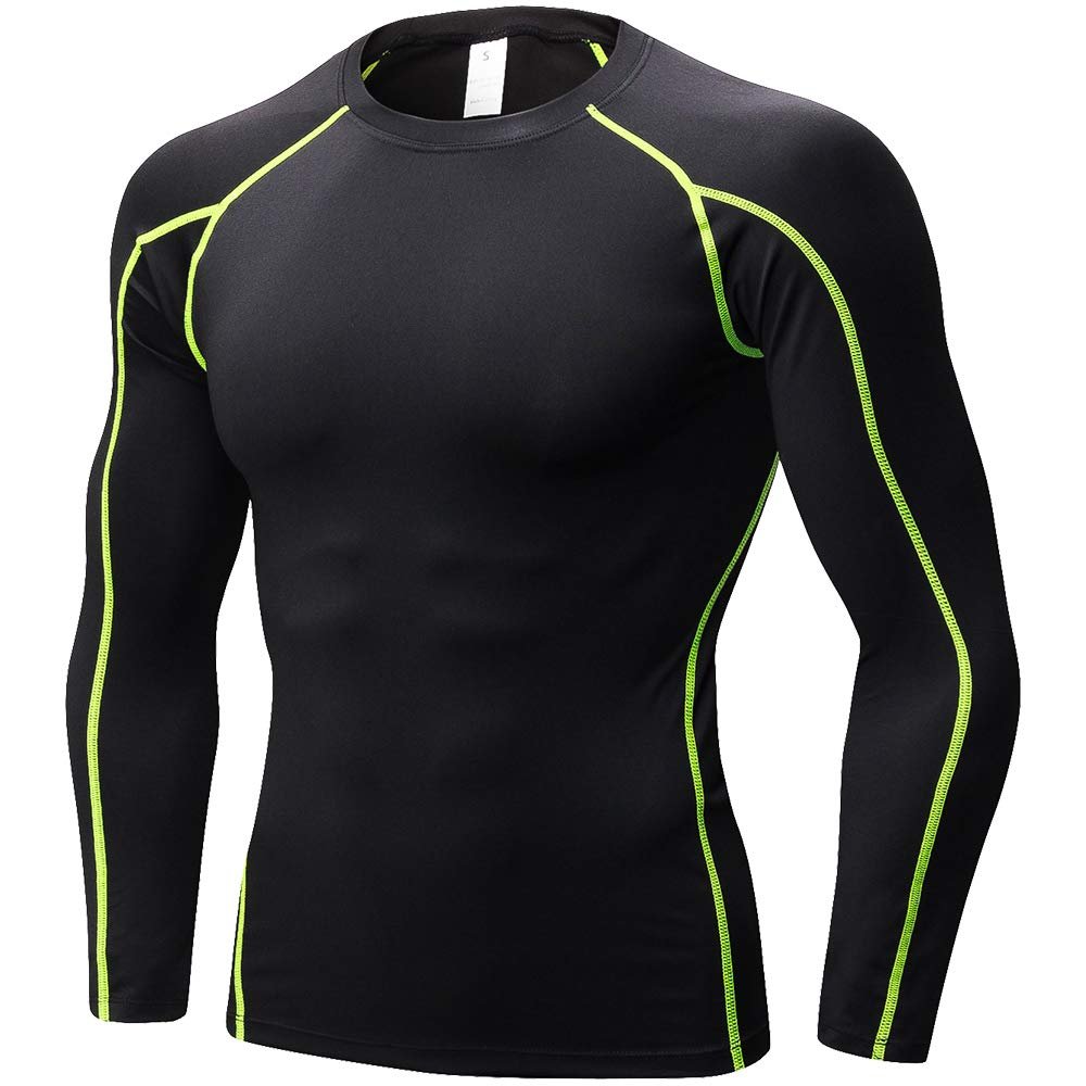 Men's Compression Shirts Long Sleeve, Base-Layer Quick Dry Workout T Shirts Sports Running Tops for Gym B Green