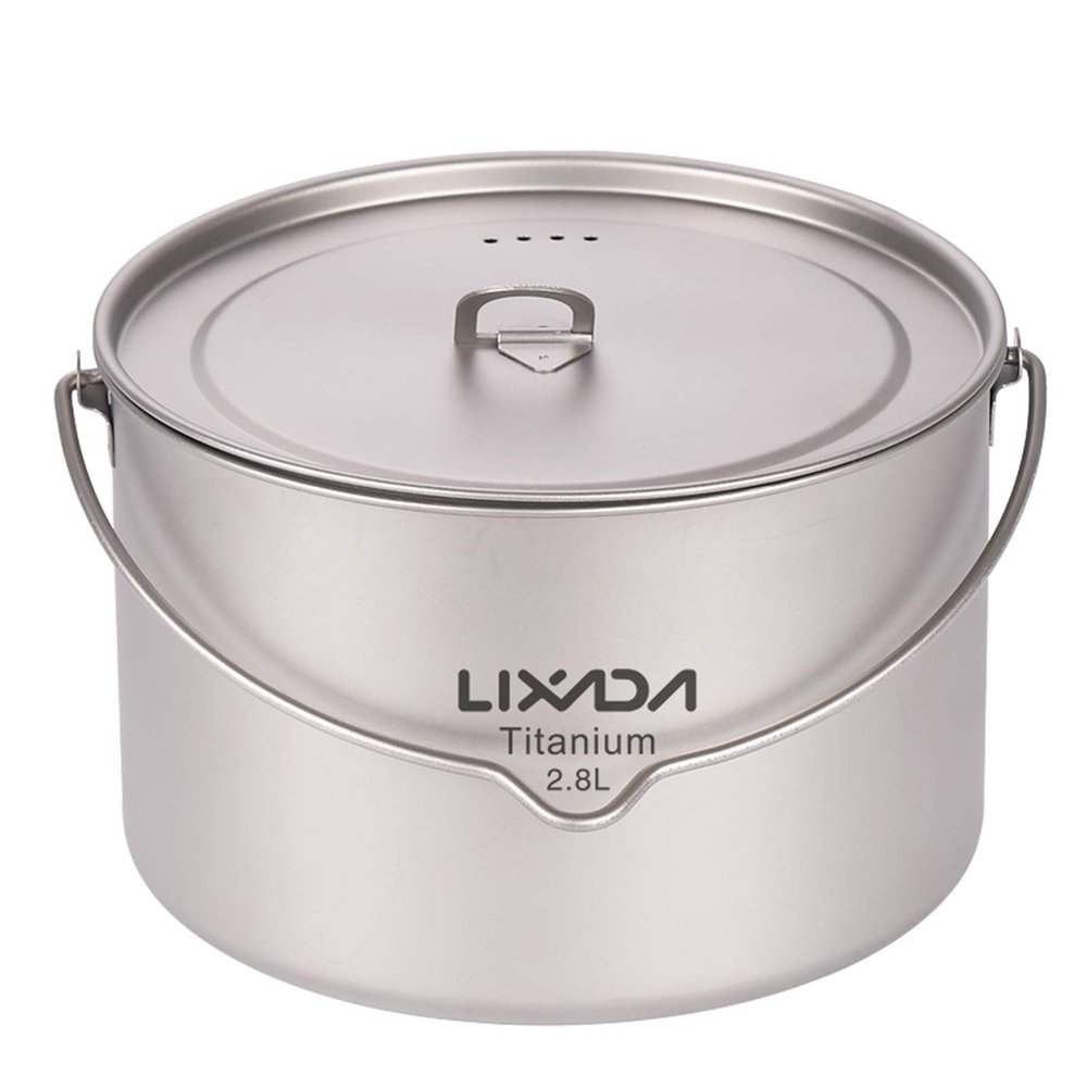 Lixada 1100ml/2800ml Titanium Pot Ultralight Portable Hanging Pot with Lid and Foldable Handle Outdoor Camping Hiking Backpacking (2800ml)