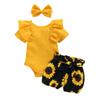 3Pcs Baby Girl Summer Clothes Letter Printed Outfits Shorts Set Short Sleeve Bodysuit Romper Top + Headband  (0-3 Months, Yellow + Sunflower) view 1