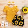 3Pcs Baby Girl Summer Clothes Letter Printed Outfits Shorts Set Short Sleeve Bodysuit Romper Top + Headband  (3-6 Months, Yellow + Sunflower) view 3