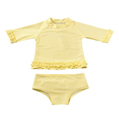 renvena Girls 2Pcs Swimsuit Dot Printed Long Sleeve Ruffled Side Camisole with Ruched Briefs Swimwear Yellow 5
