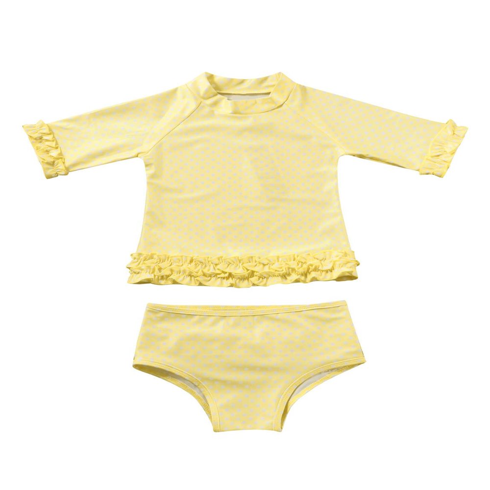 renvena Girls 2Pcs Swimsuit Dot Printed Long Sleeve Ruffled Side Camisole with Ruched Briefs Swimwear Yellow 5