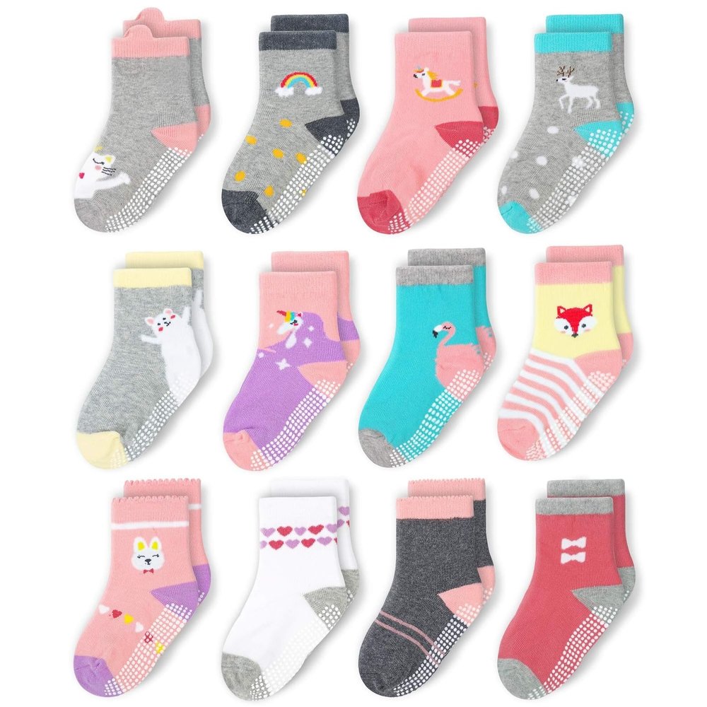 CozyWay Crew Grip Youth Socks - Non-Slip Grip Socks for Kids - Size 5-7 Years, Pink/Purple Multicolor - Pack of 12
