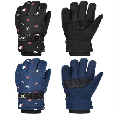Hicarer 2 Pairs Kids Mittens Children Winter Snow Waterproof Thick Warm Windproof Gloves for Girls Boys(Black and Dark Blue,5-8 Years,Snowflake Style)