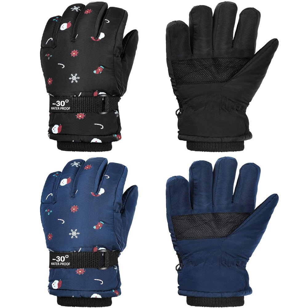 Hicarer 2 Pairs Kids Mittens Children Winter Snow Waterproof Thick Warm Windproof Gloves for Girls Boys(Black and Dark Blue,5-8 Years,Snowflake Style)