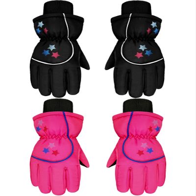 Hicarer 2 Pairs Kids Mittens Children Winter Snow Waterproof Thick Warm Windproof Gloves for Girls Boys(Black and Rose Red,8-14 Years,Star Style)