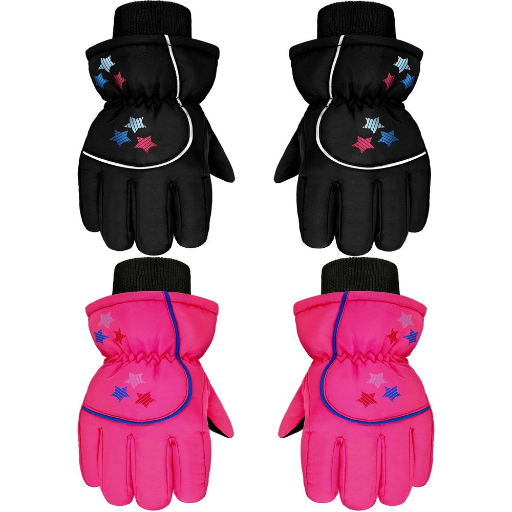 Hicarer 2 Pairs Kids Mittens Children Winter Snow Waterproof Thick Warm Windproof Gloves for Girls Boys(Black and Rose Red,8-14 Years,Star Style)