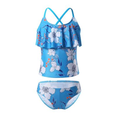 CHICTRY Girls Tropical Flower Pirnted Ruffles Tank Top with Bottoms 2 Pcs Beach Tankini Swimsuit Blue 4