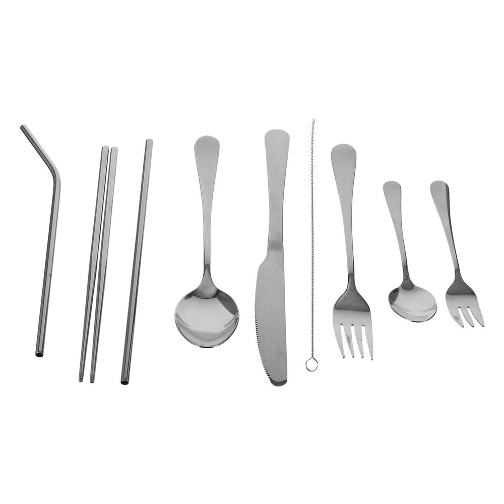 Cabilock 9pcs Outdoor Portable Stainless Steel Cutlery Camping Picnic Travel More Includes Knife Fork Spoon Chopsticks Straws and Cleaning Brush Compact Carrying Case