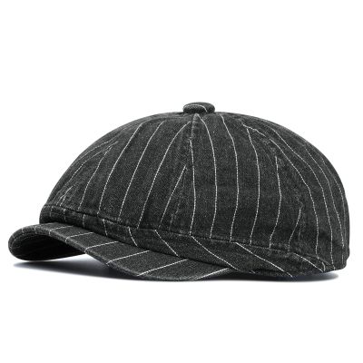 Croogo 8 Panels Herringbone Hat Stripe Denim Newsboy Cap Duckbill Ascot Cap Golf Beret Flat Hunting Cap Sun Hats,Black-BL63