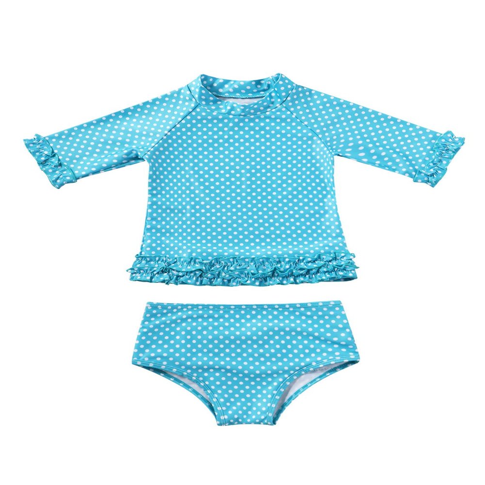 Moily Toddle Girls Two Pieces Rash Guard Swimsuit Polka Dot Short Sleeve Ruffled Tankini Swimwear Blue 5