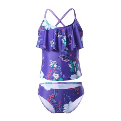 CHICTRY Girls Tropical Flower Pirnted Ruffles Tank Top with Bottoms 2 Pcs Beach Tankini Swimsuit Purple 14