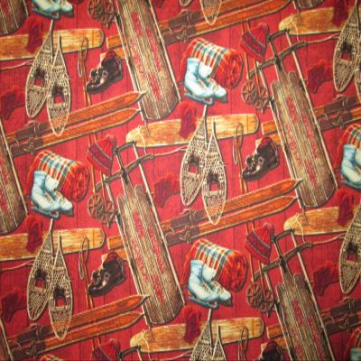Fat Quarter (18 x 22) Vintage Sled Snow Shoes Ice Skates Ski Red Cotton Fabric FQ