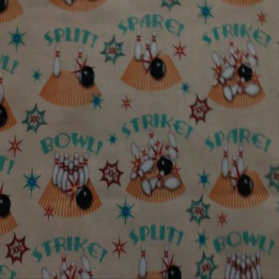 Sizes: Half Yard (18 x 44) Retro Bowling PINS Bowl Balls Strike Spare Cream TAN Digital Cotton Fabric BTHY