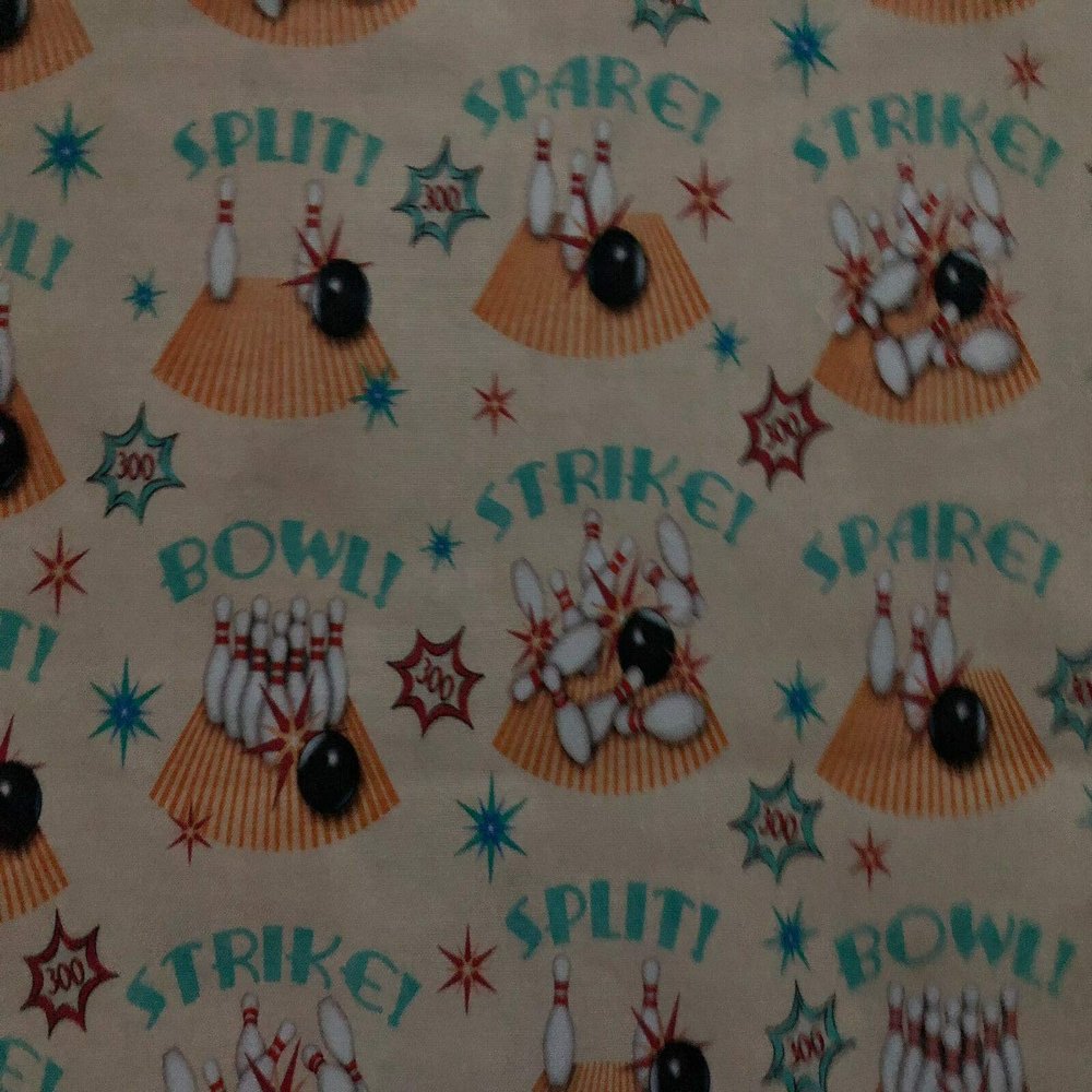 Sizes: Half Yard (18 x 44) Retro Bowling PINS Bowl Balls Strike Spare Cream TAN Digital Cotton Fabric BTHY