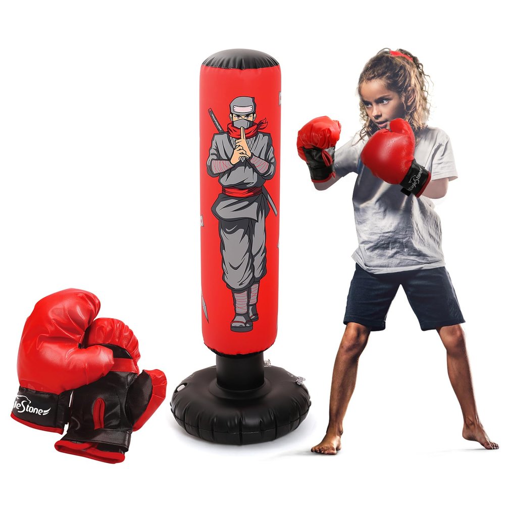 47" Kids Punching Bag with Boxing Gloves Inflatable Boxing Bag for Boys & Girls, Standing Training Toy for Fitness & Stress Relief