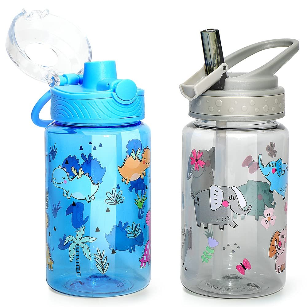 Home Tune 16oz Kids Water Drinking Bottle - Tritan BPA Free, Auto Flip Chug Lid, Sip Straw Lid, Carry Loop, Lightweight, Leak-Proof, Cute Design Girls & Boys - 2 Pack Elephant & Dinosaur