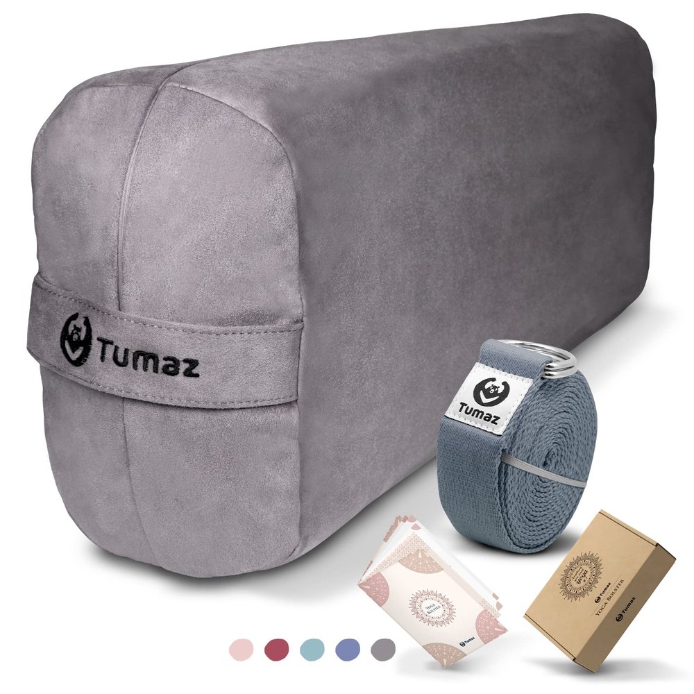 Tumaz Yoga Bolster Set - Rectangular Bolster Pillow for Restorative Yoga, Soft Meditation Pillow with Carry Handle and 8-Feet Strap, Machine Washable Cover