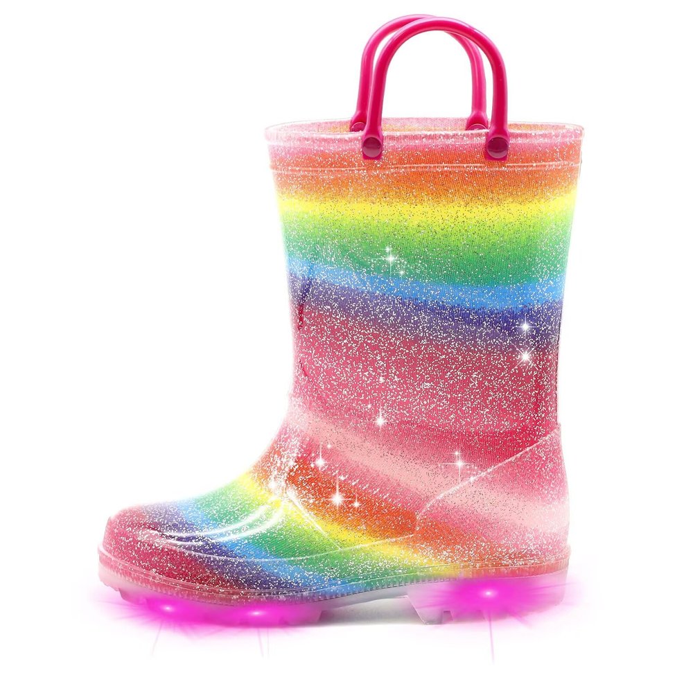 EUXTERPA Kids Toddler Light Up Rain Boots Girls Waterproof Patterns and Glitter Boots with Easy On Handles, Rainbow, Toddler Size 5