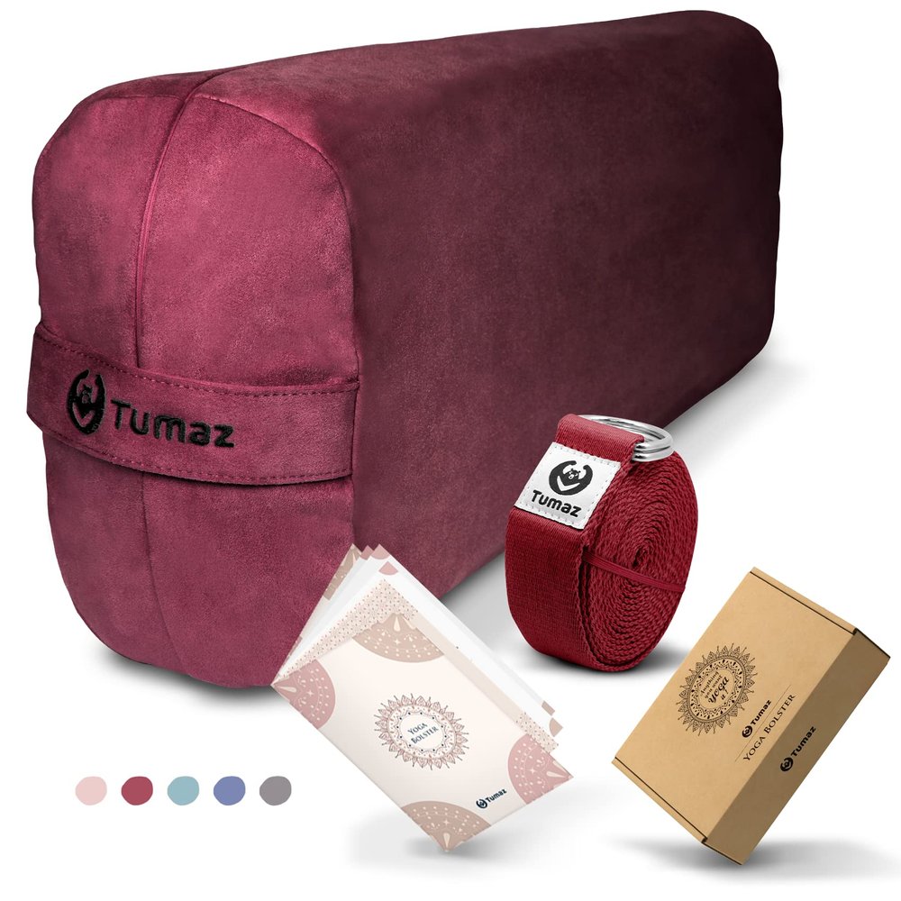 Tumaz Yoga Bolster Set - Rectangular Bolster Pillow for Restorative Yoga, Soft Meditation Pillow with Carry Handle and 8-Feet Strap, Machine Washable Cover