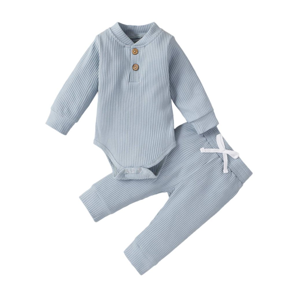 Newborn Baby Boy Girl Summer Clothes Ribbed Sleeveless Bodysuits Rompers Tops+Shorts Pants 2PCS Outfits Set Toddler Clothes (Blue Long Sleeve, 3-6 Months)