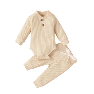 Newborn Baby Boy Girl Summer Clothes Ribbed Sleeveless Bodysuits Rompers Tops+Shorts Pants 2PCS Outfits Set Toddler Clothes (Beige Long Sleeve, 6-12 Months)