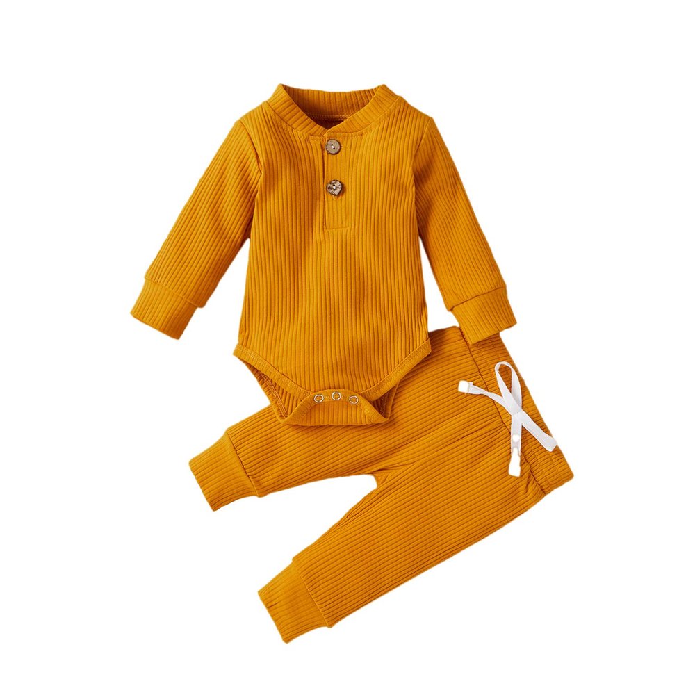 Newborn Baby Boy Girl Summer Clothes Ribbed Sleeveless Bodysuits Rompers Tops+Shorts Pants 2PCS Outfits Set Toddler Clothes (Yellow Long Sleeve, 3-6 Months)