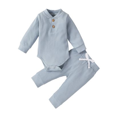 Newborn Baby Boy Girl Summer Clothes Ribbed Sleeveless Bodysuits Rompers Tops+Shorts Pants 2PCS Outfits Set Toddler Clothes (Blue Long Sleeve, 0-3 Months)