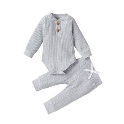 Newborn Baby Boy Girl Summer Clothes Ribbed Sleeveless Bodysuits Rompers Tops+Shorts Pants 2PCS Outfits Set Toddler Clothes (Gray Long Sleeve, 18-24 Months)