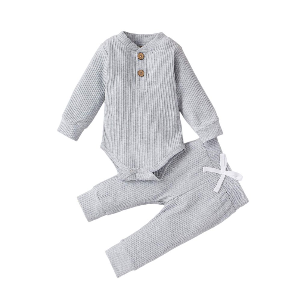 Newborn Baby Boy Girl Summer Clothes Ribbed Sleeveless Bodysuits Rompers Tops+Shorts Pants 2PCS Outfits Set Toddler Clothes (Gray Long Sleeve, 18-24 Months)