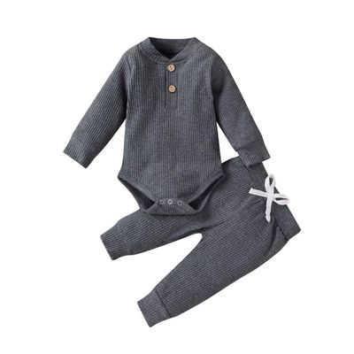 Newborn Baby Boy Girl Summer Clothes Ribbed Sleeveless Bodysuits Rompers Tops+Shorts Pants 2PCS Outfits Set Toddler Clothes (Dark Gray Long Sleeve, 3-6 Months)