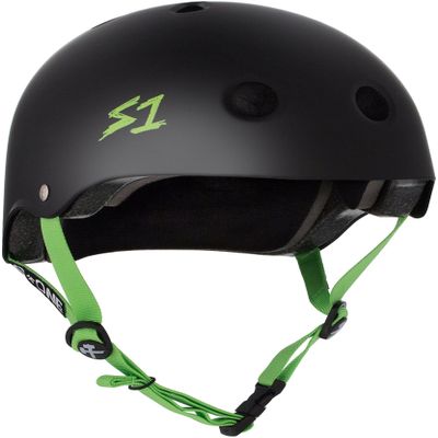 S1 Lifer Helmet for Skateboarding, BMX, and Roller Skating - EPS Fusion Foam, CPSC & ASTM Certified - Black Matte w/Bright Green Straps Medium (21.5")