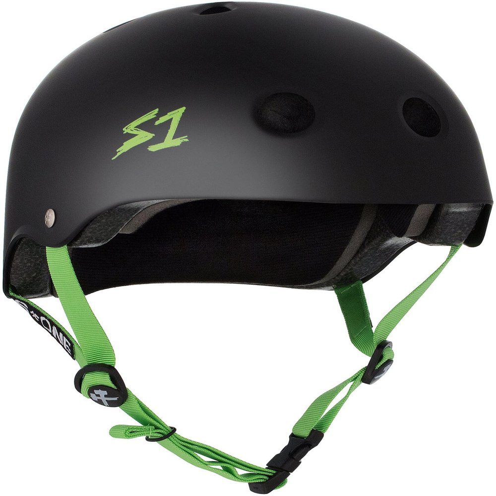 S1 Lifer Helmet for Skateboarding, BMX, and Roller Skating - EPS Fusion Foam, CPSC & ASTM Certified - Black Matte w/Bright Green Straps Large (22")