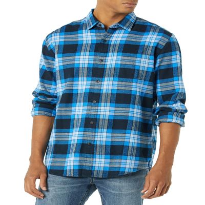 Amazon Essentials Men's Long-Sleeve Flannel Shirt, Black Blue Grey Tartan Plaid, Large
