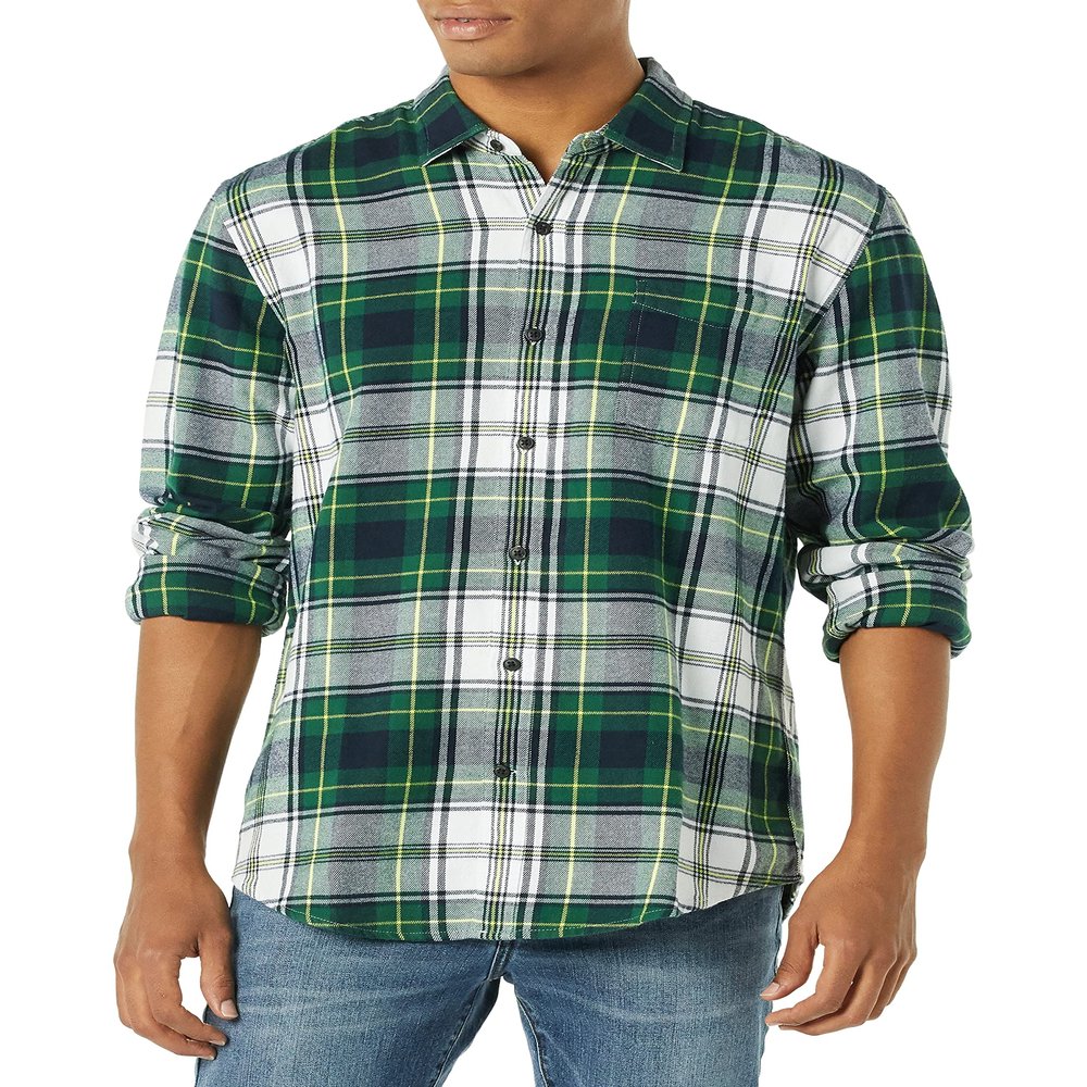 Amazon Essentials Men's Long-Sleeve Flannel Shirt, Green White Plaid, X-Small