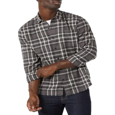 Amazon Essentials Men's Long-Sleeve Flannel Shirt, Grey Plaid, Large