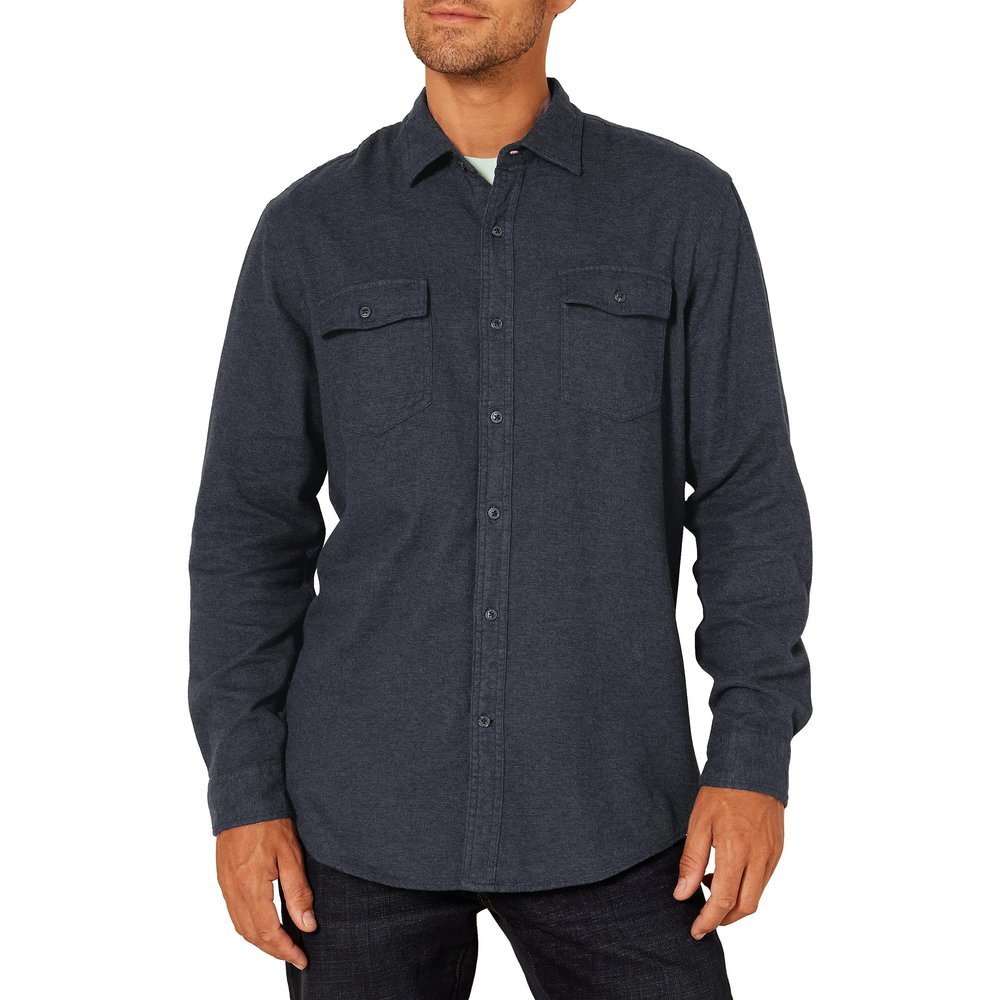 Amazon Essentials Men's Regular-Fit Long-Sleeve Two-Pocket Flannel Shirt, Dark Denim, Small