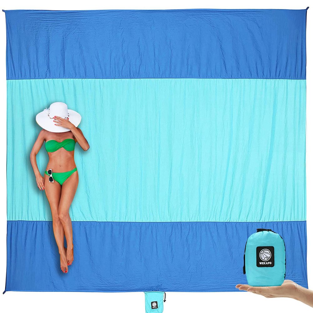 WEKAPO Beach Blanket Sandproof, Extra Large Beach Mat, Big & Compact Sand Free Mat Quick Drying, Lightweight & Durable with 6 Stakes & 4 Corner Pockets (Blue, 9x7 FT (15 Person))
