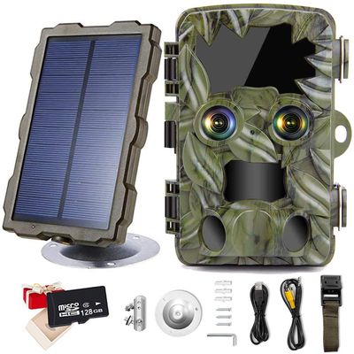 Trail Camera Dual-Lens with Starlight Night Vision 4K 20MP Wildlife Game Camera with 0.2s Motion Activated IP66 Waterproof Hunting Scouting Cam with Portable Solar Panel and Micro SD Card,128g