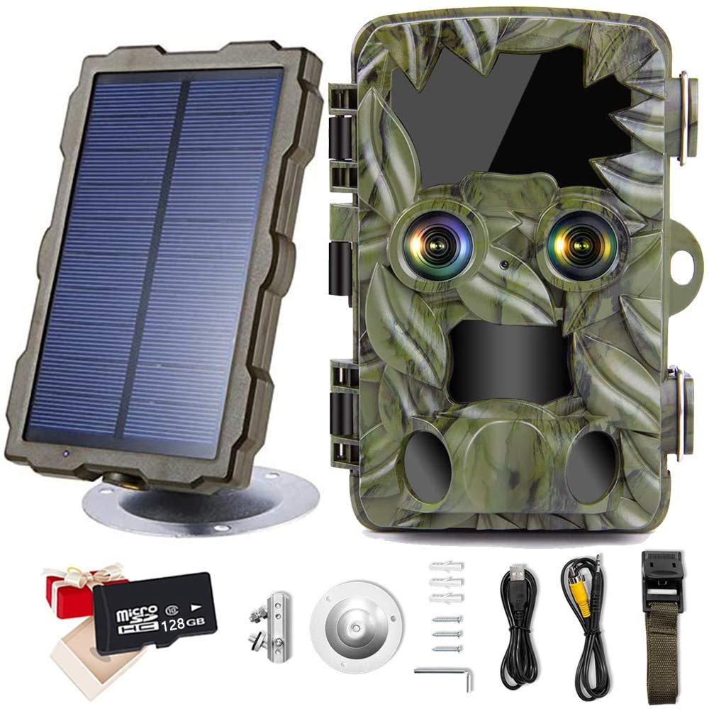 Trail Camera Dual-Lens with Starlight Night Vision 4K 20MP Wildlife Game Camera with 0.2s Motion Activated IP66 Waterproof Hunting Scouting Cam with Portable Solar Panel and Micro SD Card,128g
