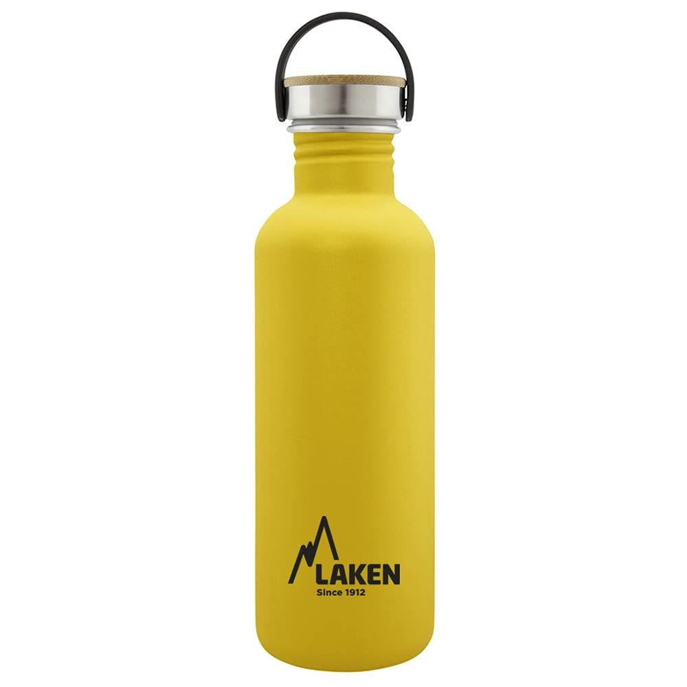 Laken Stainless Steel Bottle with Steel and Bamboo Screw Cap and Wide Mouth 1L, Yellow
