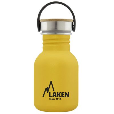 LAKEN Basic Stainless Steel Bottle, Water Bottle, Wide Opening with Stainless Steel Screw Cap with Bambo, BPA-Free, 0.35 L, Yellow